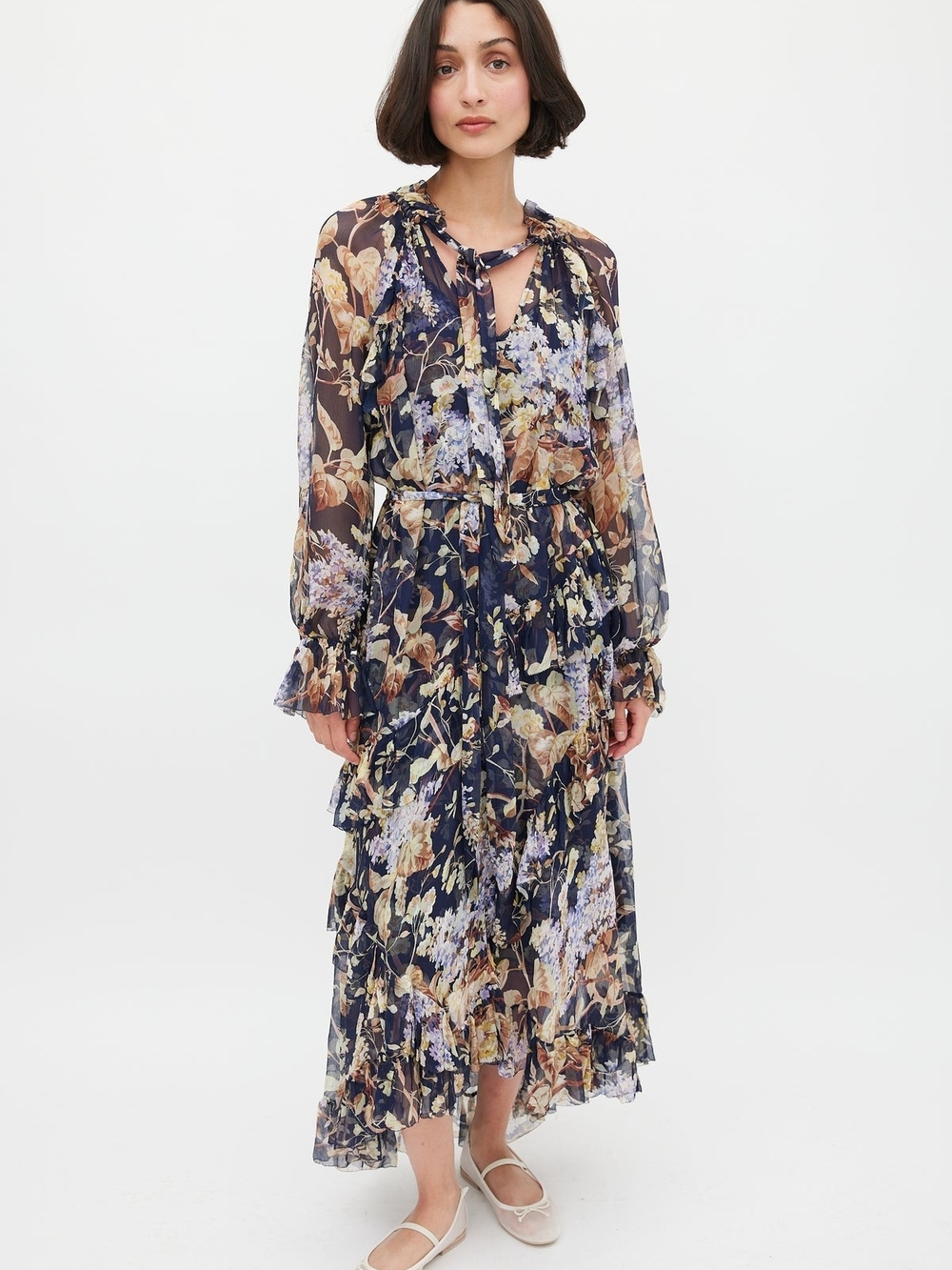 Zimmermann Navy Floral Tiered Tie-Neck Maxi Dress